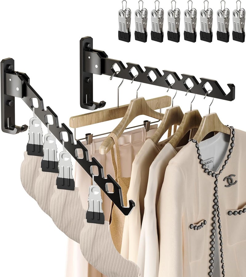Dr.DJ Wall Mount Coat Hanger Holder Black Clothes Drying Organizer Rack Garment Hooks Aluminium Retractable Folding Indoor Wall Mounted Hanger Space Saver for Laundry Room Bedroom Black 2 Pack with 8 Hooks - Image 1
